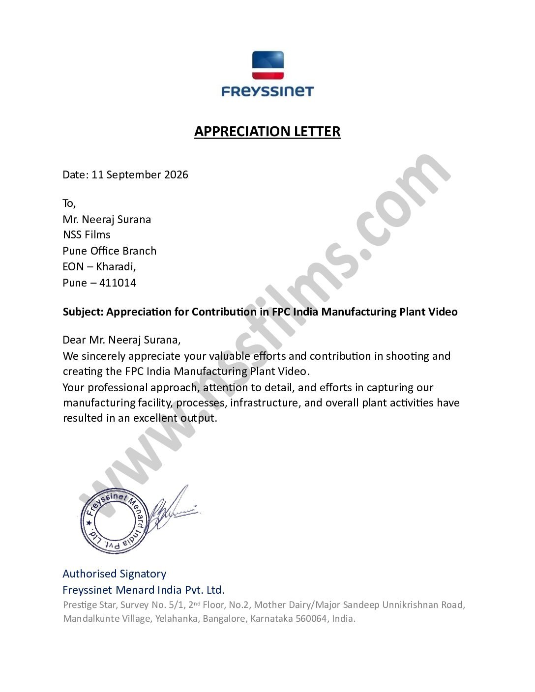 NSS appreciation letter. frezzinet